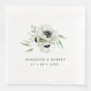 Serviette En Papier Aquarelle Anémones Noir & Blanc Mariage d'hiver
