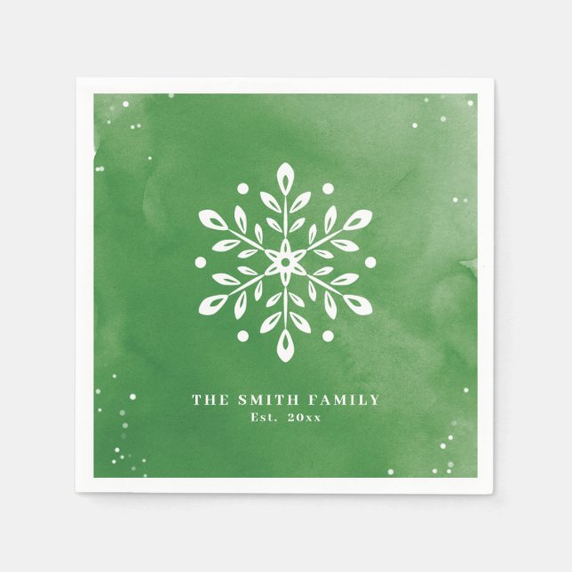Serviette En Papier Aquarelle artistique Flocon de neige vert Noël (Devant)