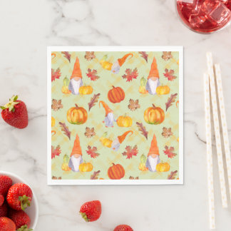 Serviette En Papier Aquarelle Automne Gnomes, Citrouille Et Feuille