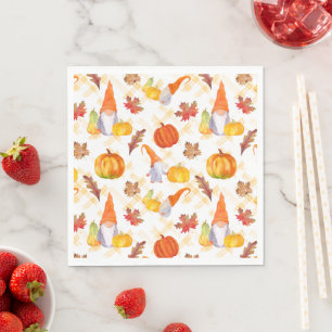 Serviette En Papier Aquarelle Automne Gnomes, Citrouille Et Feuille