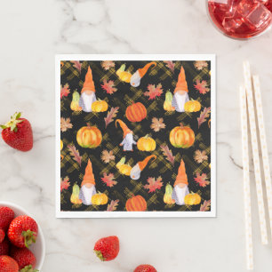 Serviette En Papier Aquarelle Automne Gnomes, Citrouille Et Feuille
