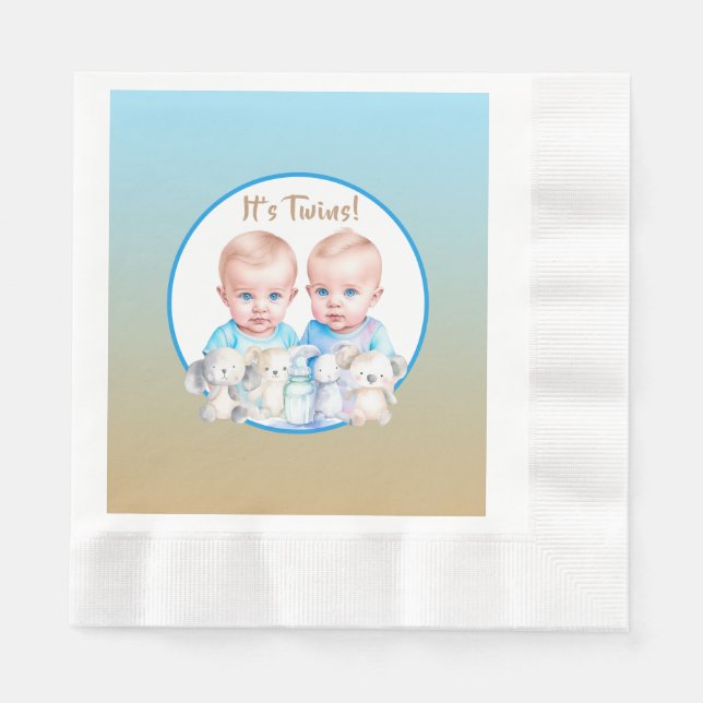 Serviette En Papier Aquarelle Baby shower du garçon Twin Animaux (Devant)