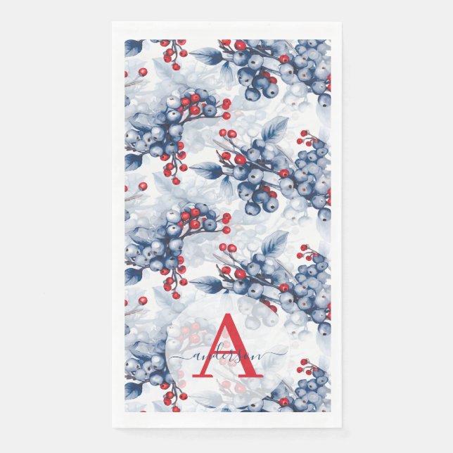 Serviette En Papier Aquarelle Baies d'Hiver Monogramme de Noël (Devant)