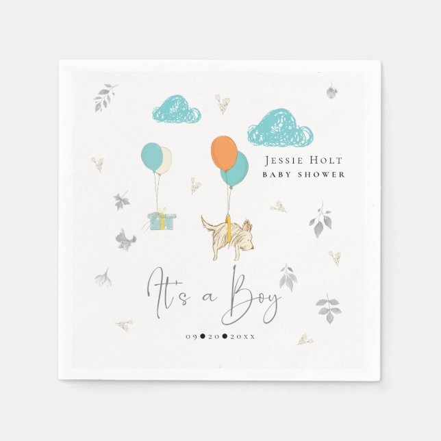 Serviette En Papier Aquarelle Balloon Chiot Baby Boy Douche (Devant)