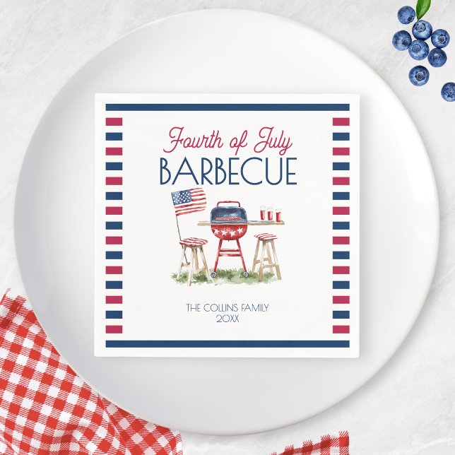 Serviette En Papier Aquarelle Barbecue Drapeau 4 juillet fête d'été (Watercolor Barbecue Flag 4th of July Summer Party Napkins)