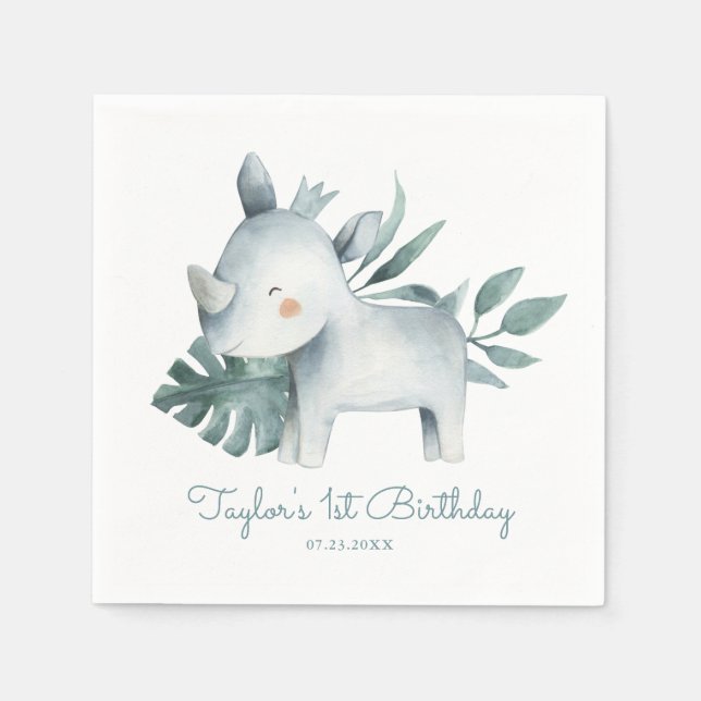 Serviette En Papier Aquarelle Bébé Rhinoceros Anniversaire tropical (Devant)