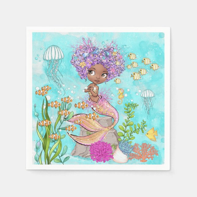 Serviette En Papier Aquarelle Belle Brown Petite Sirène Anniversaire (Devant)