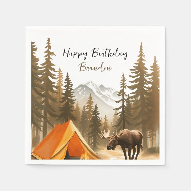 Serviette En Papier Aquarelle Blanc Rustique Bois Camping Anniversaire (Devant)