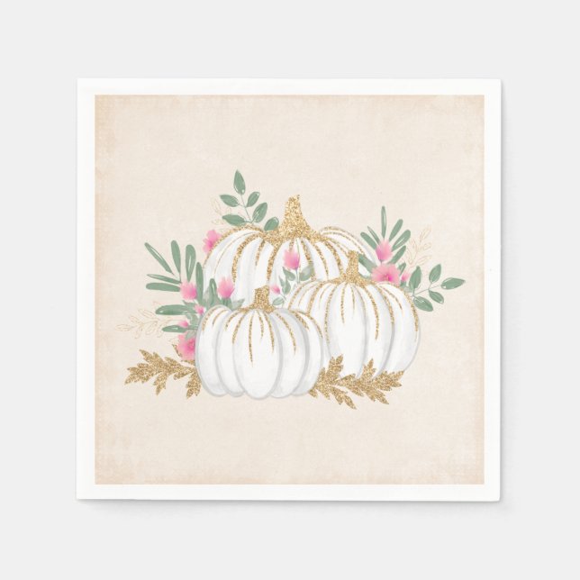 Serviette En Papier Aquarelle blanche et Citrouille or (Devant)