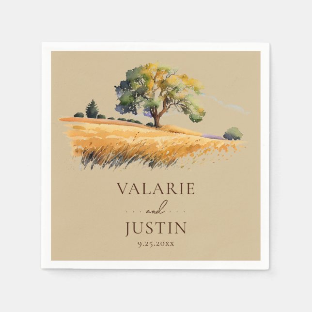 Serviette En Papier Aquarelle Blé Arbres Mariage Napkins (Devant)