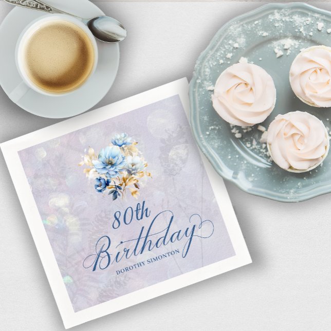 Serviette En Papier Aquarelle Bleu Blanc Floral 80e anniversaire (Créateur téléchargé)