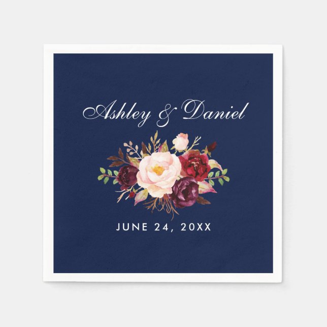 Serviette En Papier Aquarelle bleu Bourgogne Mariage Floral (Devant)
