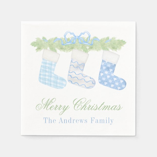 Serviette En Papier Aquarelle Bleu et Blanc Noëls de Noël (Devant)