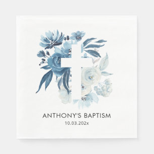 Serviette En Papier aquarelle bleu floral baptême