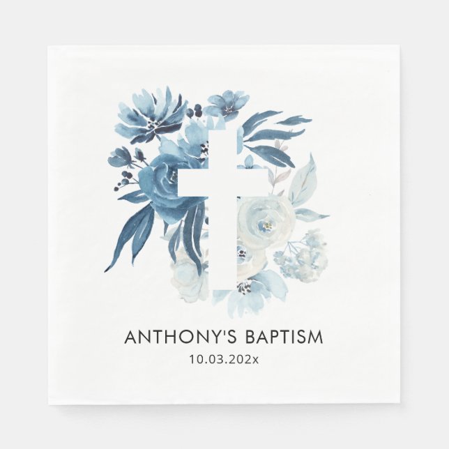 Serviette En Papier aquarelle bleu floral baptême (Devant)