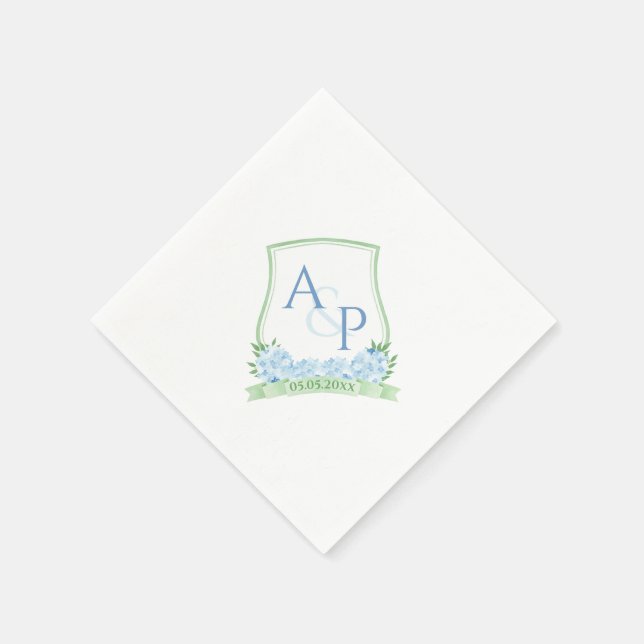 Serviette En Papier Aquarelle Bleu Hydrangée Vert Mariage Monogramme (Coin)