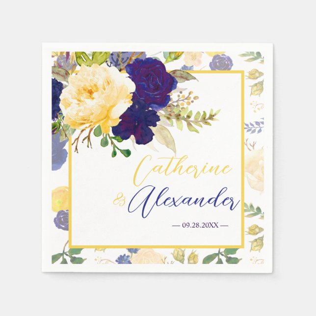 Serviette En Papier Aquarelle bleu marine jaune Mariage (Devant)