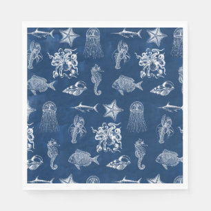 Serviette En Papier Aquarelle bleu marine Océan Animaux marins