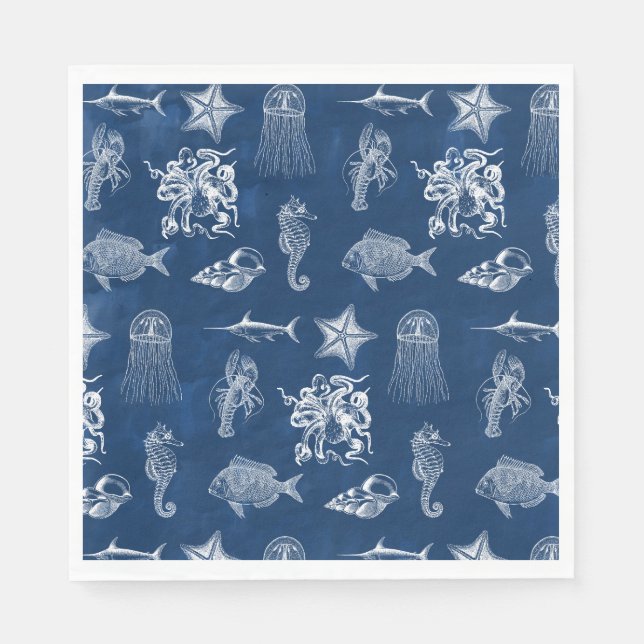 Serviette En Papier Aquarelle bleu marine Océan Animaux marins (Devant)