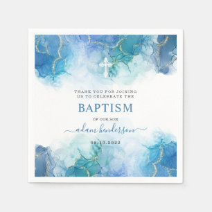 Serviette En Papier Aquarelle bleu moderne Boy Baptême Merci