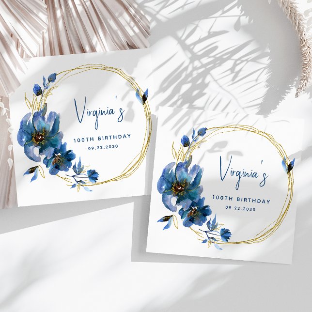 Serviette En Papier Aquarelle bleu or Floral 100e anniversaire (Créateur téléchargé)