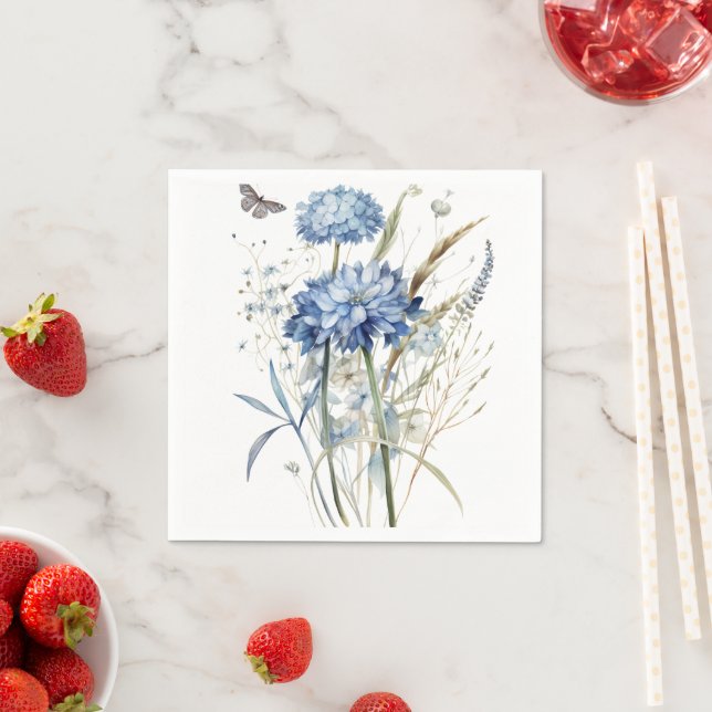 Serviette En Papier Aquarelle bleu poussiéreux Floral (En situation)