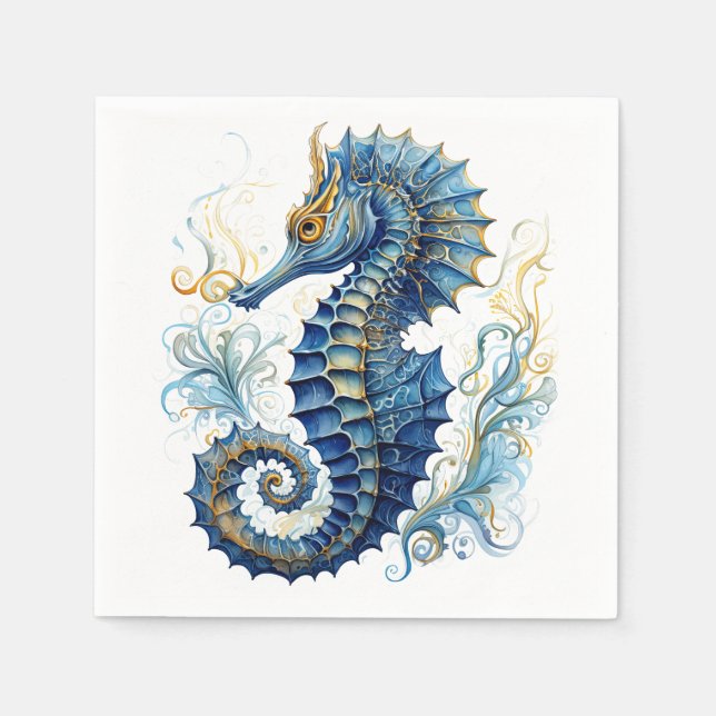 Serviette En Papier Aquarelle bleu sehorse design (Devant)