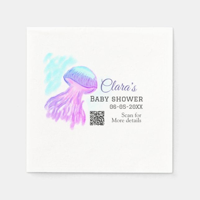 Serviette En Papier Aquarelle bleu violet pastel méduse bébé chausson (Devant)