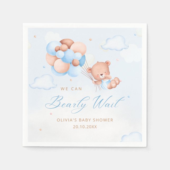 Serviette En Papier Aquarelle bleue Boho Teddy Bear Baby shower garçon (Devant)