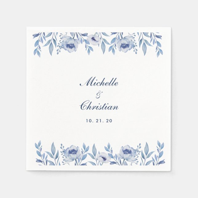 Serviette En Papier Aquarelle bleue Mariage floral Napkin (Devant)