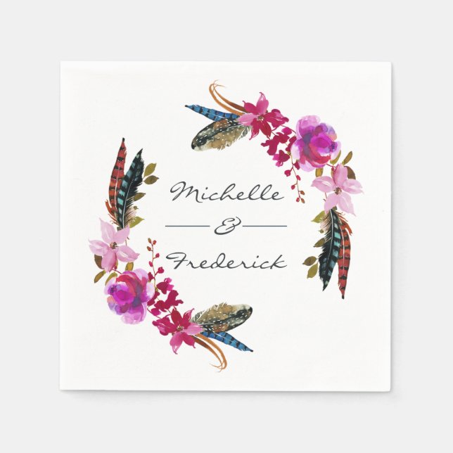 Serviette En Papier Aquarelle Boho Chic Floral Mariage (Devant)