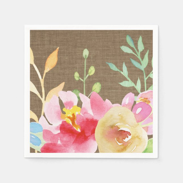 Serviette En Papier Aquarelle Boho Fleurs & Burlap (Devant)