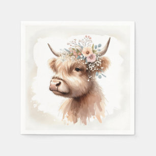 Serviette En Papier Aquarelle Boho Highland Vache avec fleurs nuptiale