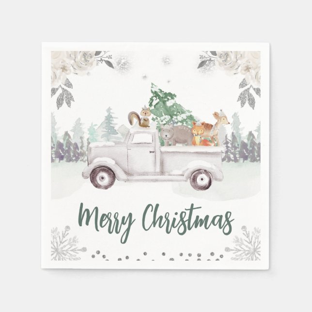 Serviette En Papier Aquarelle Bois Animaux Fleurs Noël (Devant)