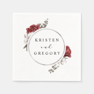 Serviette En Papier aquarelle bordeaux argent mariage monogramme flora