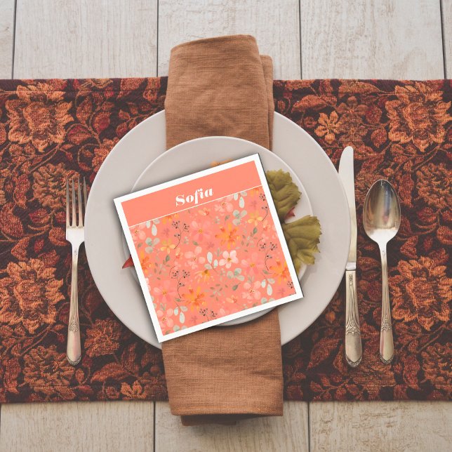 Serviette En Papier Aquarelle botanique motif personnalisé orange (Créateur téléchargé)