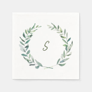 Serviette En Papier Aquarelle botanique olive feuilles monogrammés