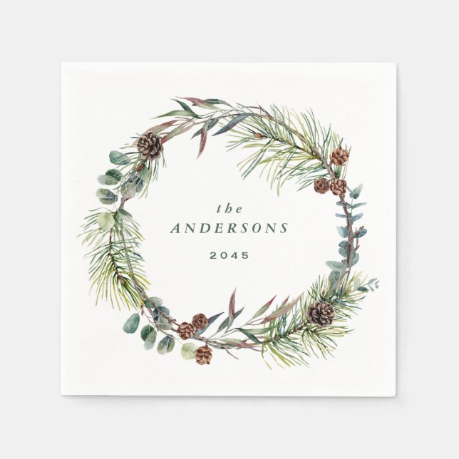 Serviette En Papier Aquarelle Botanique Pin Fête de Noël (Devant)