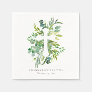 Serviette En Papier Aquarelle Botanique Verdure Croix Baptême