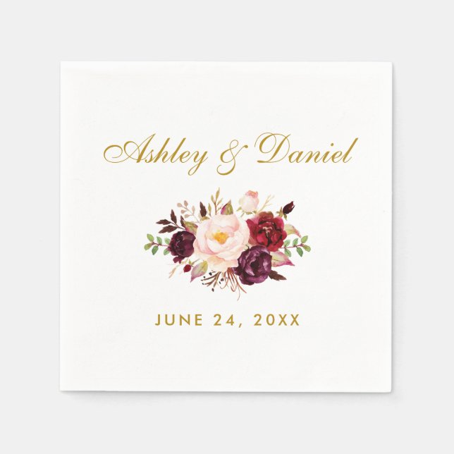 Serviette En Papier Aquarelle Bourgogne Floral Mariage or (Devant)