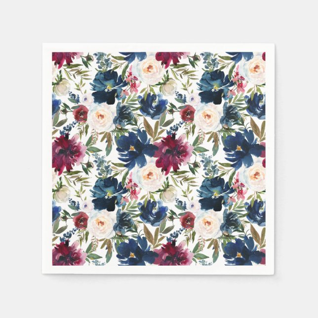 Serviette En Papier Aquarelle Bourgogne Mariage de fleurs de marine (Devant)