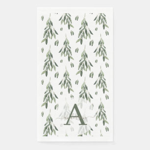 Serviette En Papier Aquarelle Branche de Gui Monogrammé Noël