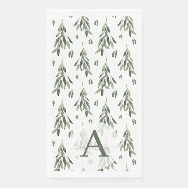Serviette En Papier Aquarelle branche de gui monogrammée de Noël (Devant)