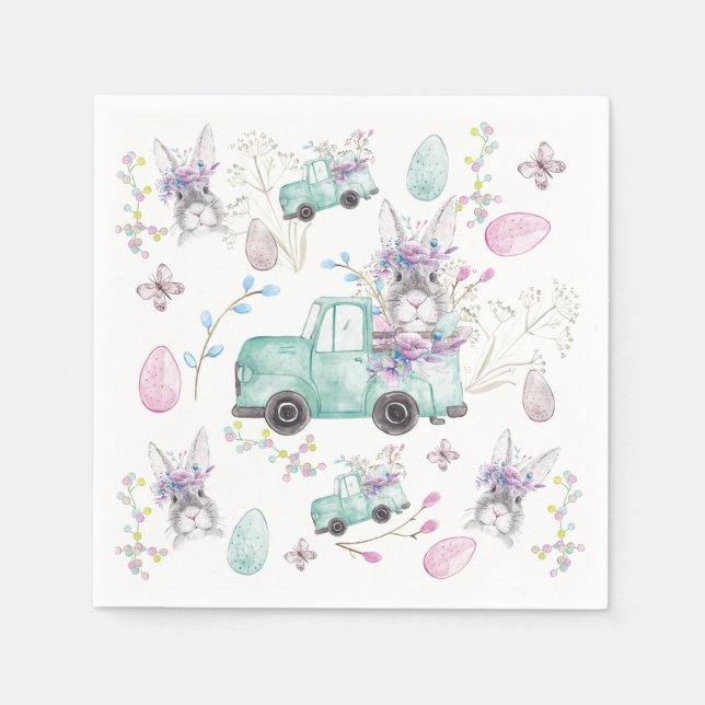 Serviette En Papier Aquarelle Camion Bunny Motif de Pâques (Devant)