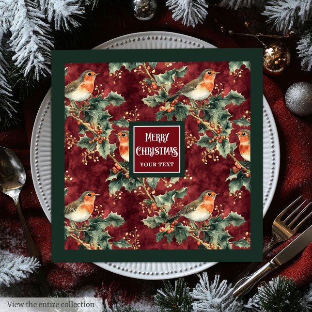 Serviette En Papier Aquarelle Chaudron de Noël canneberge rouge servie (Watercolor Christmas sparrow cranberry red napkins)