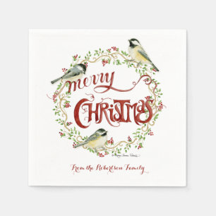 Serviette En Papier Aquarelle Chickadee Birds Joyeux Noël Wreath