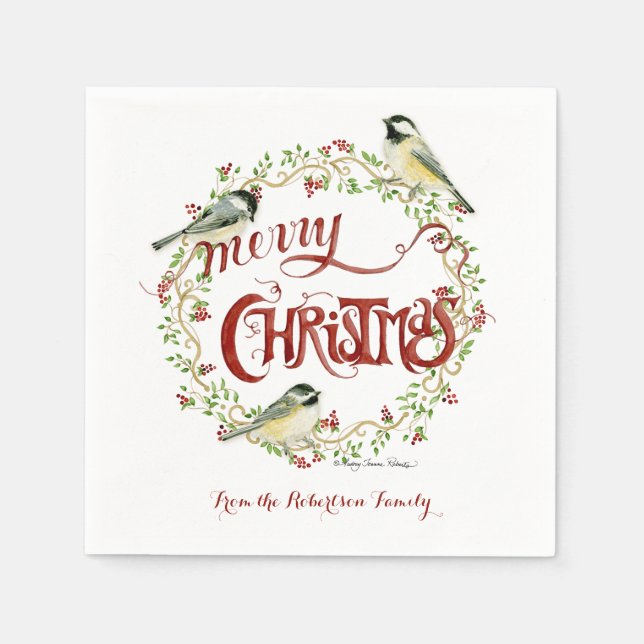 Serviette En Papier Aquarelle Chickadee Birds Joyeux Noël Wreath (Devant)