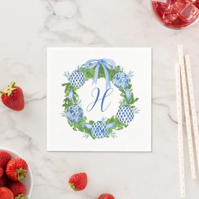 Serviette En Papier Aquarelle Chinoiserie Wreath Noël Monogramme (En situation)