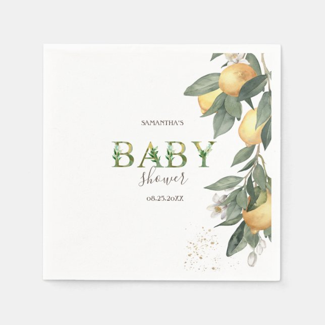 Serviette En Papier Aquarelle Citrons Baby shower vert (Devant)