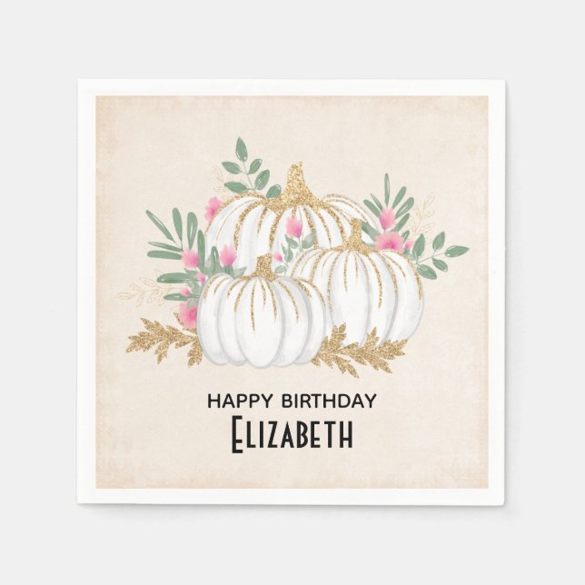 Serviette En Papier Aquarelle Citrouille blanche et or Anniversaire (Devant)